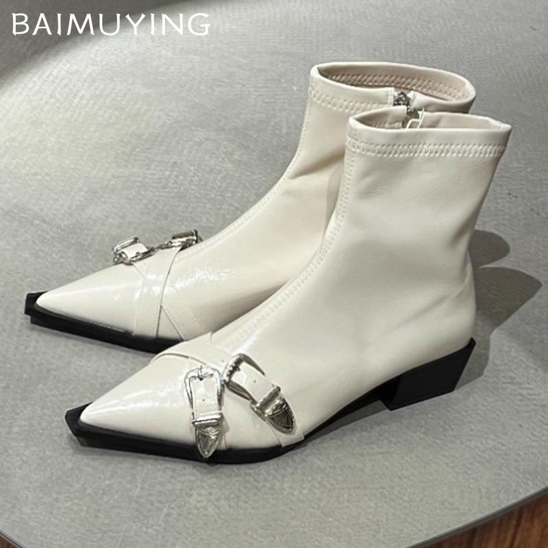 Chunky Leather Women Ankle Boots Pointed Toe Sexy Designer Mid Heels Winter Shoes 2025 Trend Fashion Pumps Goth Botas De Mujer