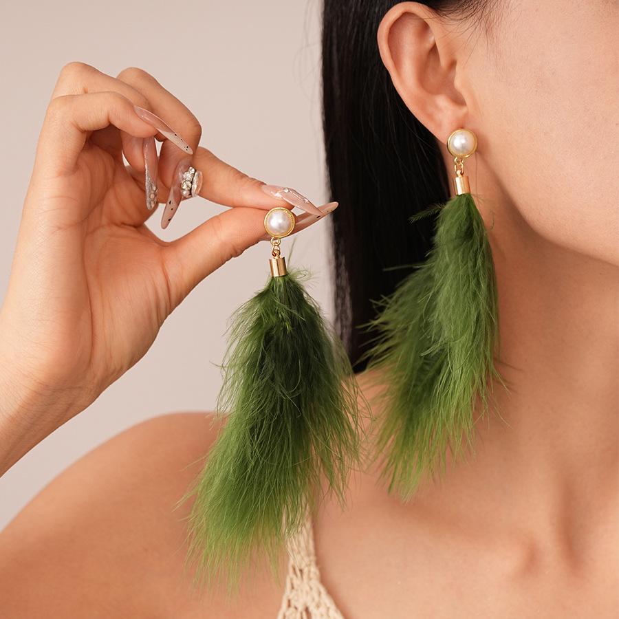 Ретро Серьги с перьями и жемчугом, серебро: Этнический стиль для осени/зимы