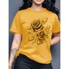 Женская футболка с принтом роз, футболка с круглым вырезом, простой дизайн, универсальная, подходит для повседневного отдыха, демонстрирует естественный элегантный стиль