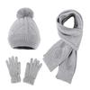 3Pcs/Set Women Winter Hat Scarf Gloves Set Plush Ball Decor Rhombus Texture Knitting Hat Long Scarf Touch Screen Gloves Set