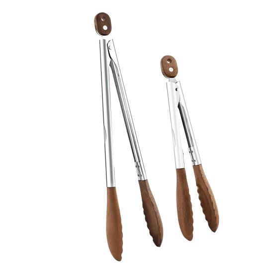Wooden Tongs for Cooking Stainless Steel Kitchen Tongs Food Clip with Locking Mechanism
