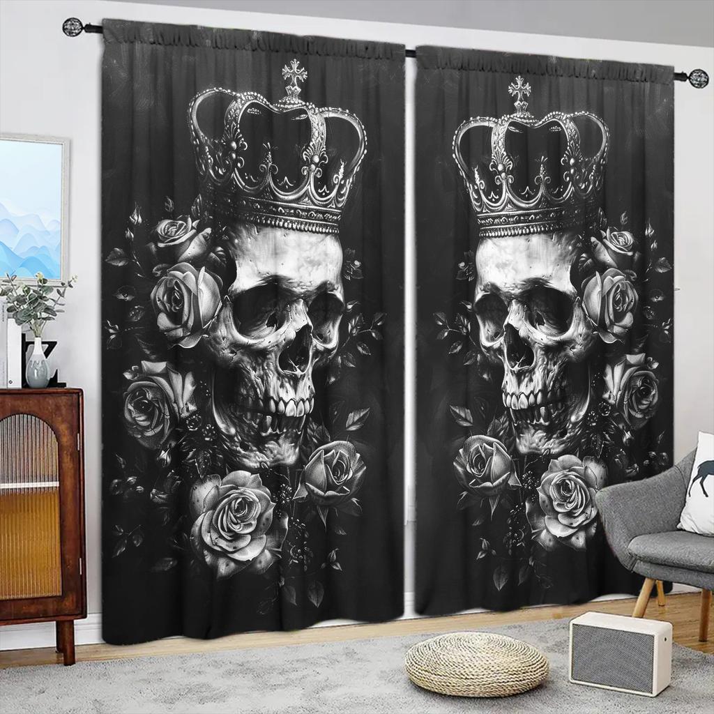 2pcs Gothic Black Rose Skull  Printed Curtain for Home Decor - Rod Pocket Window Treatment for Bedroom, Office, Kitchen