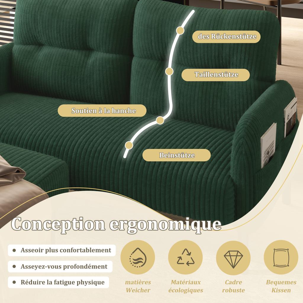 Cord 3-Piece Set: Armchair, Stool & 2-Seater Sofa, Side Pocket, Steel Tube Frame, Extra-Soft Backrest, Deep Seat, Modular, Living Room, Emerald Green