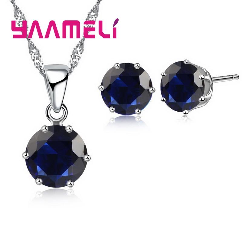 14 Colors 925 Sterling Silver Bridal Wedding Jewelry Sets For Women Engagement Crystal Pendant Necklace Stud Earrings Set