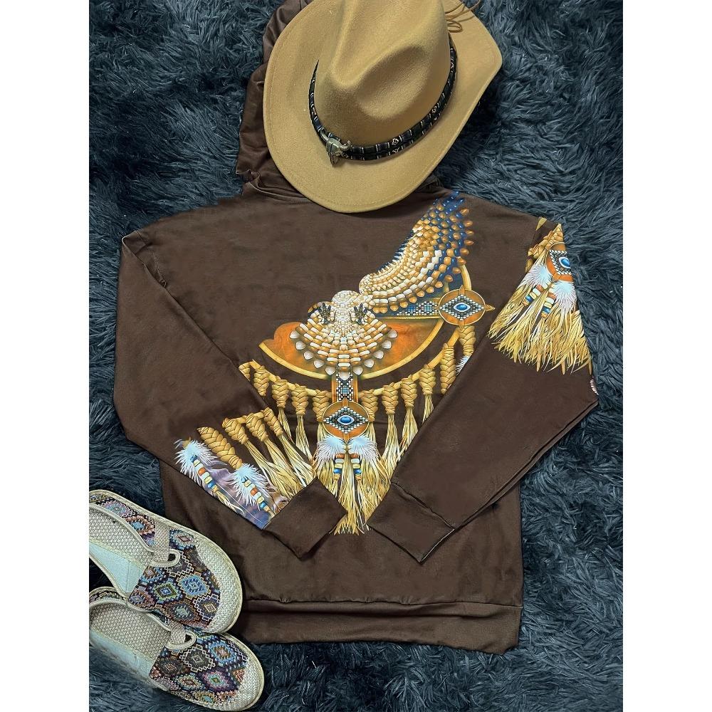 Женская повседневная модная толстовка-пуловер с круглым вырезом, в западном этническом стиле, с ретро-принтом, женский топ-худи