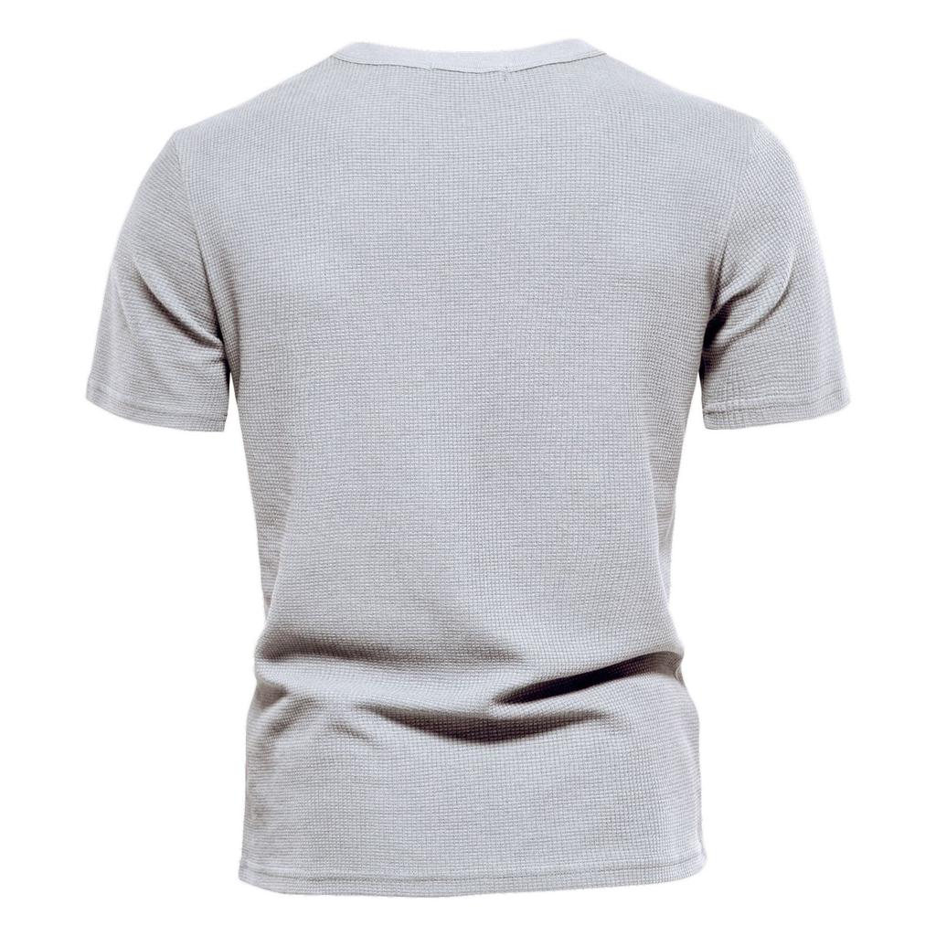 Весна и лето Новая вафельная футболка мужская с круглым вырезом Базовый однотонный цвет