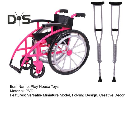 Мини-игрушка в виде инвалидной коляски для кукольного домика Миниатюрная модель с костылями Украшение дома DIY Поделки Песочный столик Аксессуары Игрушки для инвалидной коляски Мини-костыли