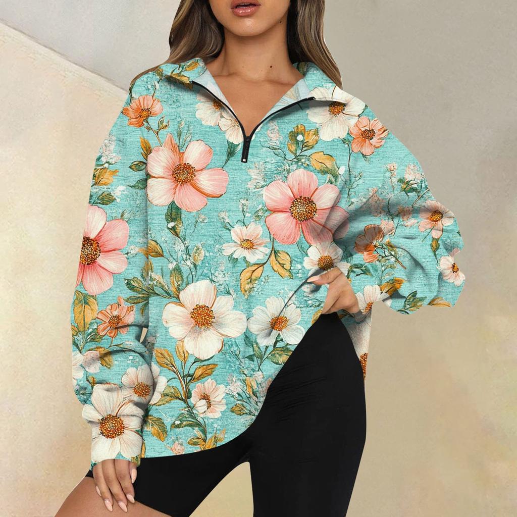 Женская мода повседневная толстовка с длинным рукавом и принтом на молнии с высоким воротом и заниженными плечами