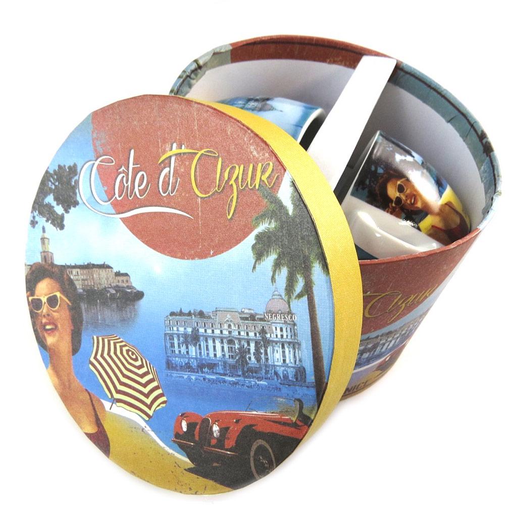 Les Trésors De Lily [N9708] - Box of 2 Coffee Cups 'Côte d'Azur' Yellow Blue (vintage) - 5x6 Cm