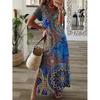 Модное свободное пляжное платье с v-образным вырезом и разрезом, женское длинное платье с ретро-принтом, летнее элегантное платье макси с короткими рукавами