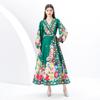 Spring Summer Women Vintage Print Designer Runway Dresses V-neck Lantern Sleeve Holiday Beach Lace-up Robe With Belt