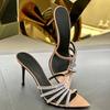Pointed Toe Rhinestone Thin Strap Open Toe Sandals Summer 2024 New French Ladies Stiletto Heels Sexy Black High Heels Women
