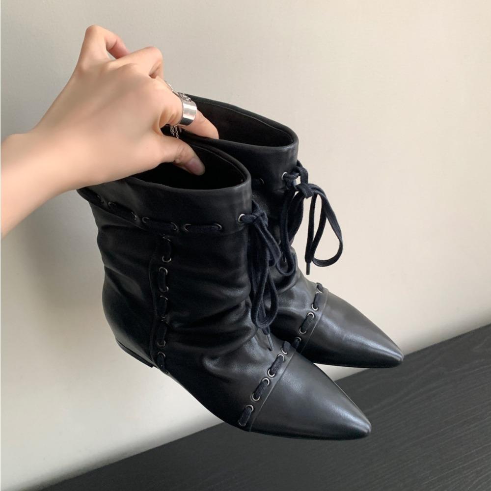 Модные ботильоны на шнурке, плиссированные, с острым носом, из замши, без застежки, увеличивающие рост, женские, в стиле вестерн, ковбойские