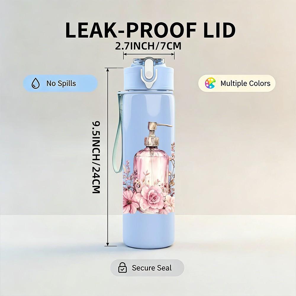 1PC Perfume Bottle Floral Vintage Pattern 750ml Color Plastic Sports Water Bottle Leakproof Flip Straw Lid Suitable for Sports Office Home Use