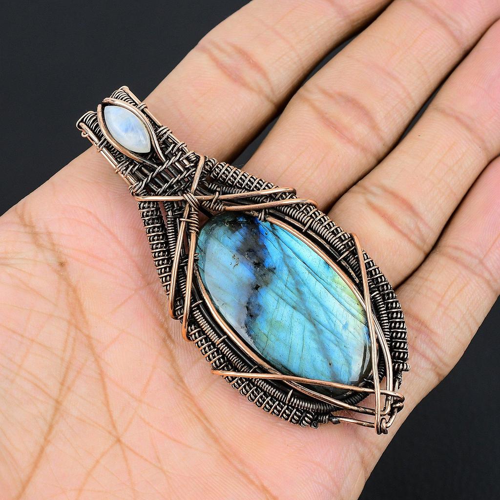 Labradorite Pendant, Handmade Gemstone 999 Copper Wire Wrapped Pendant Antique Jewelry, For Gift Silver Jewelry