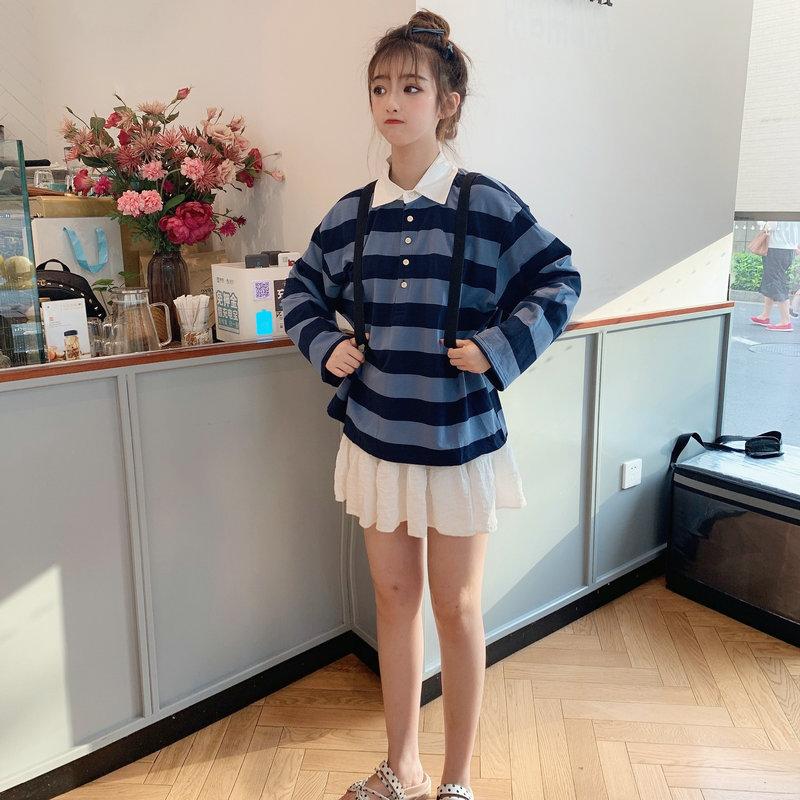 Color Striped Patchwork Hoodies Women Long Sleeve T Shirt Turn Down Collar Long Sleeve Button Tees Casual Top