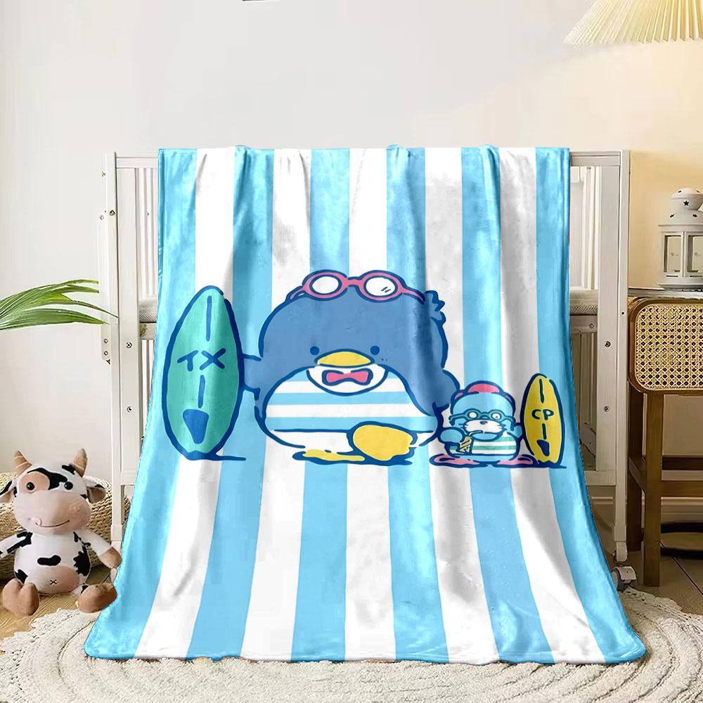 Blue and white vertical stripes with cartoon characters holding surfboards. for all seasons blanket lunch break throw gift