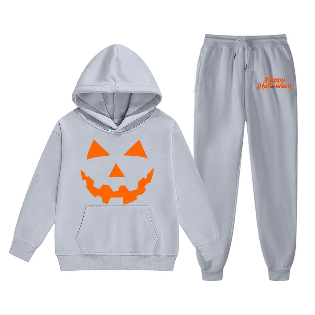 Kids Halloween Hoodie and Sweatpants Set Pumpkin Face Print Hooded Sweatshirt and Matching Bottoms Comfortable Fit for Children