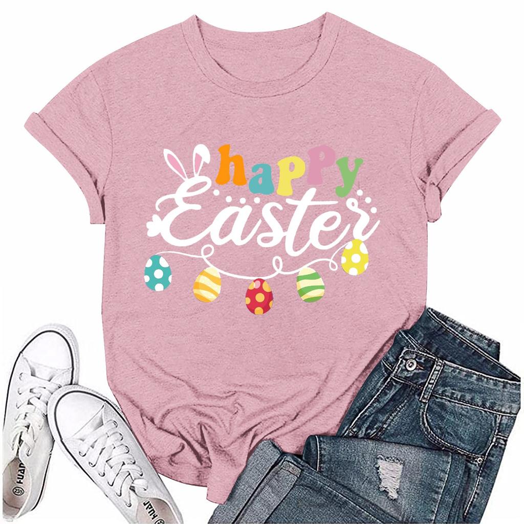 Женская модная пасхальная принтованная повседневная плиссированная круглая футболка с коротким рукавом