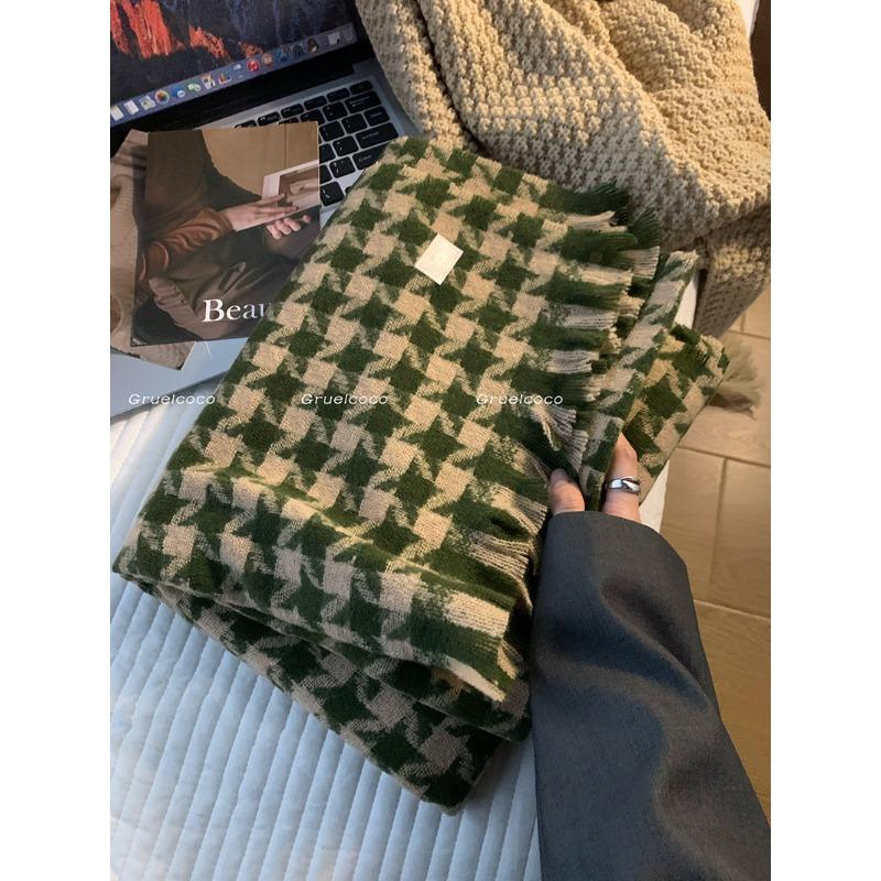 Houndstooth Scarf Women's Autumn and Winter Korean Version Versatile Niche Thickened Imitation Cashmere Large Shawl Dual Purpose Plaid Scarf Trendy