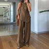Women's Irregular Hem 2 Piece Outfit Sleeveless Crew Neck Top Wide Leg Pants Lounge Set Summer Casual Tracksuit