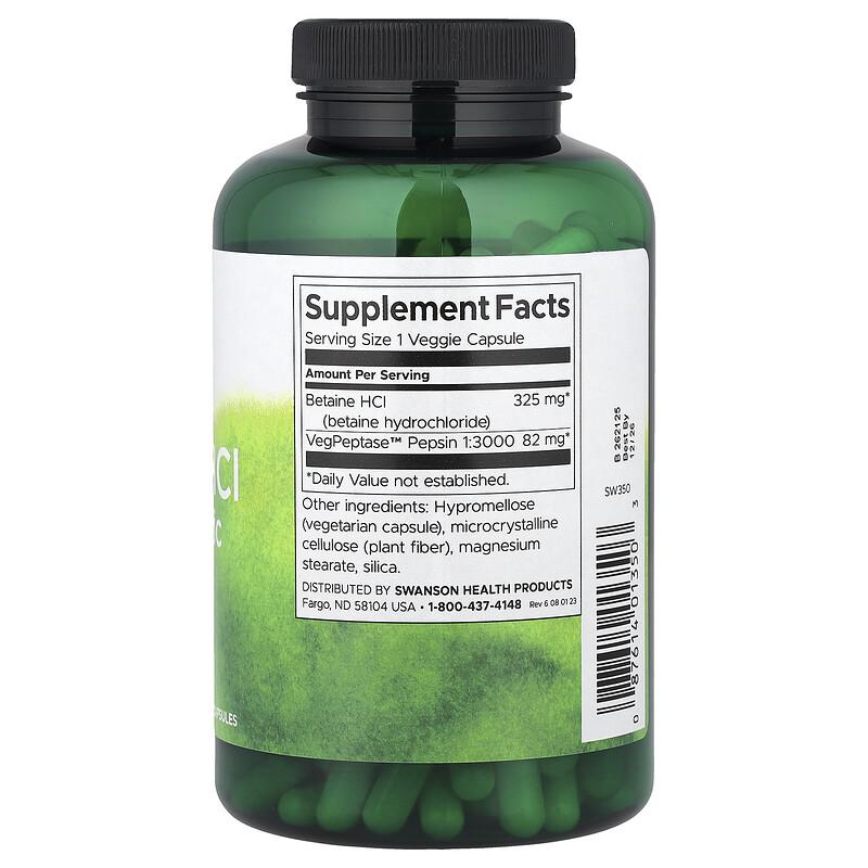 Betaine HCl Hydrochloric Acid with VegPeptase™, 250 Veggie Capsules