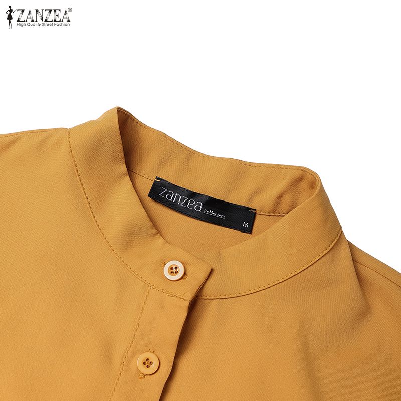 ZANZEA Элегантное женское платье с воротником-стойкой, пышными рукавами на пуговицах, приталенным силуэтом, повседневное, свободное, длинное, плиссированное