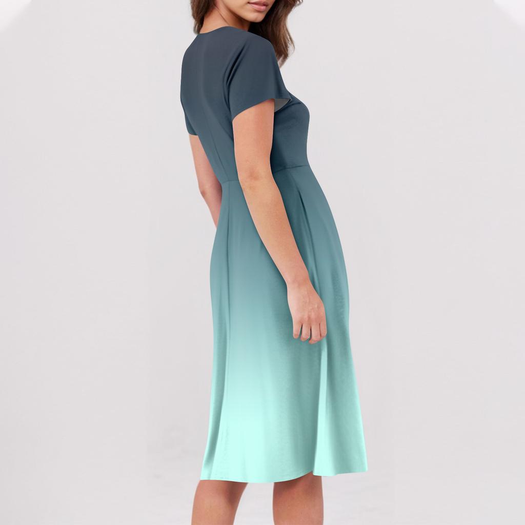 Women's Dress V Neck Sleeve Summer Dress Pleated Elastic Waist A-Line Dress