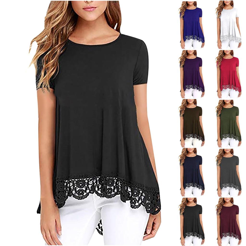 Женские топы с коротким рукавом, кружевной отделкой, О-образным вырезом, туника-блузка А-силуэта, топы для женщин