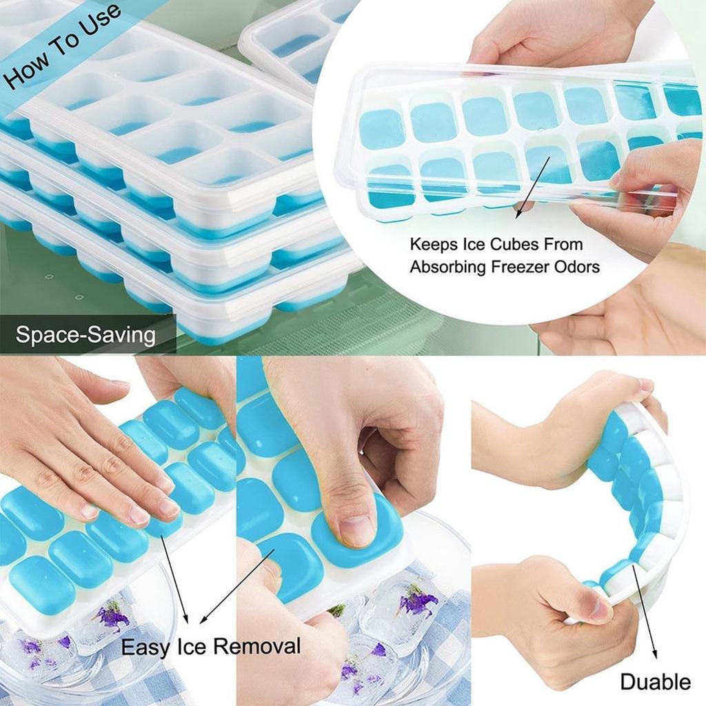 14 Holes Silicone Ice  for Cube Tray Ices Maker  for Mold Trays Containers with Cover