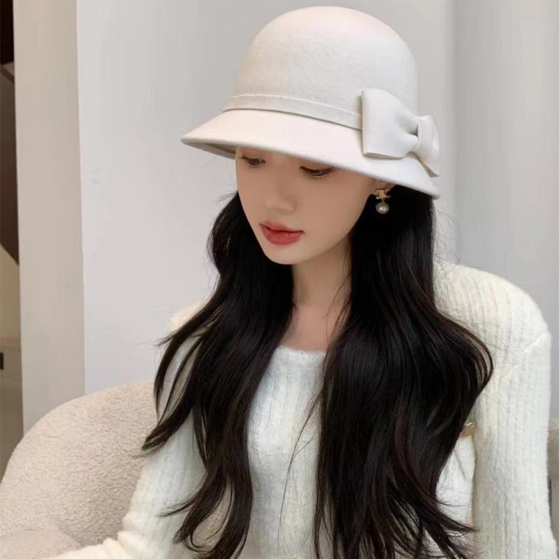 Qianjin Xiaoxiangfeng bow white bowler hat women's autumn and winter French high-end foreign gas bucket hat shows small face