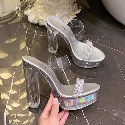 Остроносые водонепроницаемые туфли прозрачные хрустальные толстый каблук драг высокие каблуки Т-образный стол модель автомобиля женские сандалии