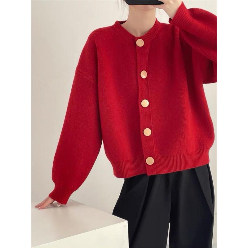 Весенне-осенний новый кардиган с круглым вырезом, ленивый ветер, однобортный, однотонный, повседневный вязаный свитер, женская куртка