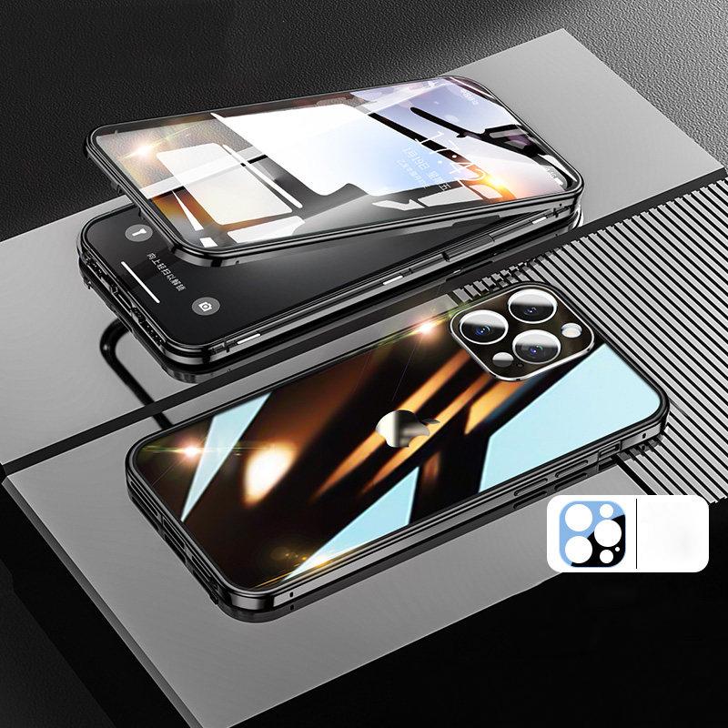 360° Metal Magnetic Adsorption Case For iPhone 16 15 14 Plus 13 12 11 Pro Max Original Purple Metal Alloy Frame Double Sided Glass Cover