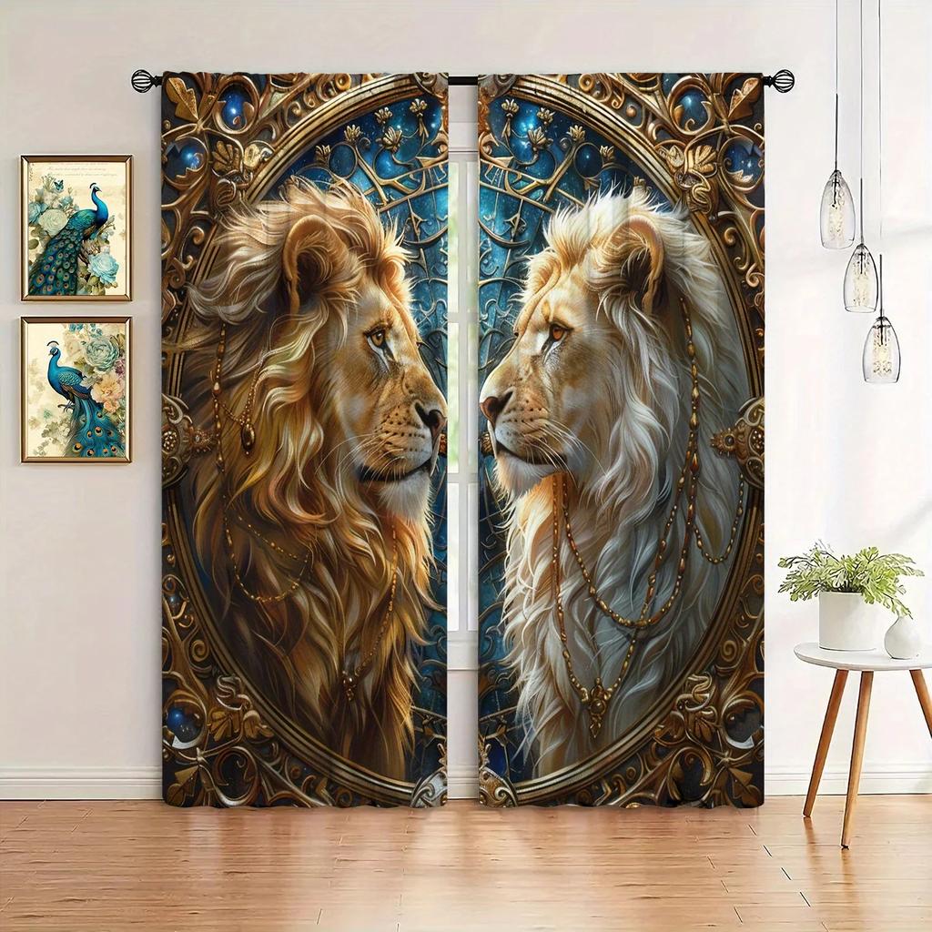 2 шт. Шторы с принтом Lion Brothers для домашнего декора - Карманные шторы для окон в спальню, офис, кухню, гостиную и кабинет