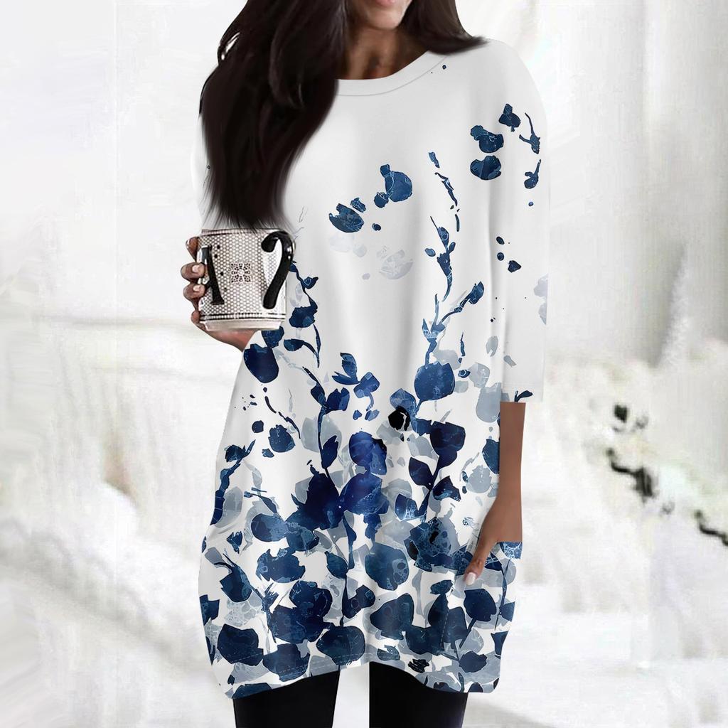 Женская модная повседневная футболка с круглым вырезом и принтом, рукавом 3/4, двойным карманом