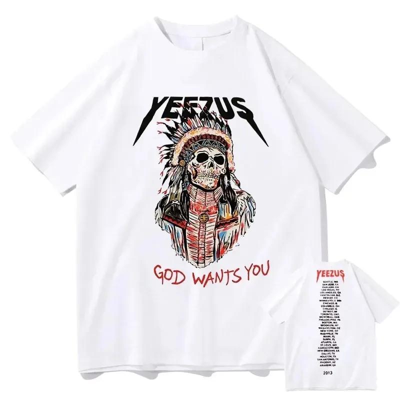 Футболка God Wants You Футболка Kanye West с двухсторонним принтом Футболки с рисунком черепа в этническом стиле Летние футболки для мужчин и женщин в стиле хип-хоп