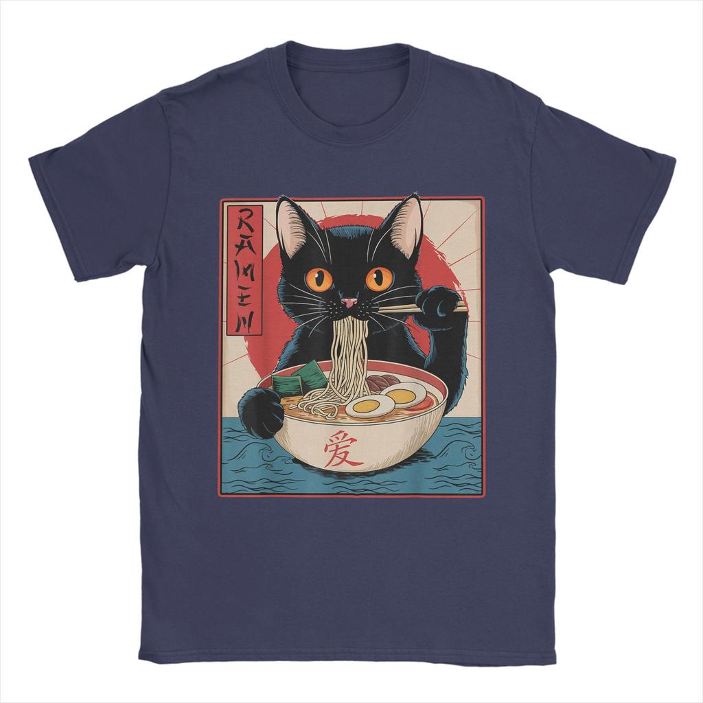 Men Japanese Black Cat Ramen T Shirt Kawaii Noodle Cat Cotton Clothes Humor Short Sleeve Round Collar Tees Gift Idea T-Shirt
