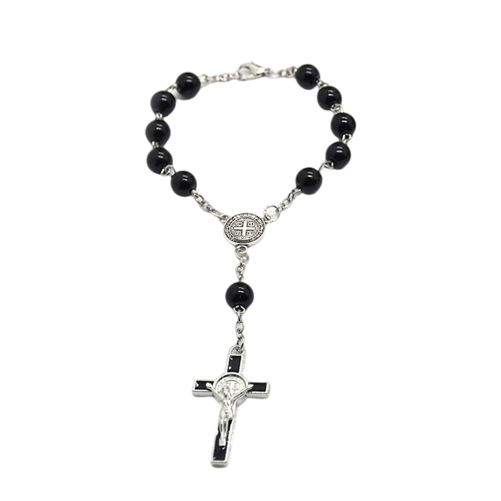 Fashion Simple Dangle Cross Bracelet Black Beads Jesus Pendant Bracelet for Women Anniversary Couple Jewelry Presents