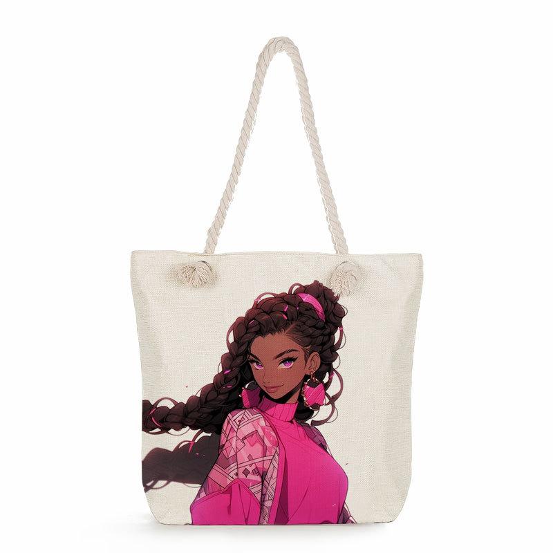 Multifunctional Black girl Printed Thick Rope Shoulder Beach Bag 7581 KTB