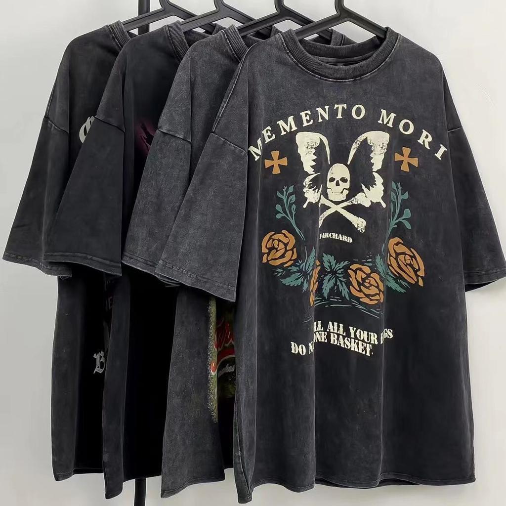 Y2K Vintage Gothic Skull Graphic Print Футболка женская свободного покроя из чистого хлопка с коротким рукавом, уличная женская укороченная футболка