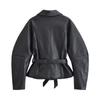 Womens Faux Leather Jacket Belted Waist Tailored Street Style Elegant Outerwear