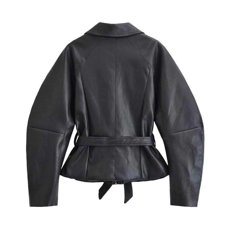 Womens Faux Leather Jacket Belted Waist Tailored Street Style Elegant Outerwear