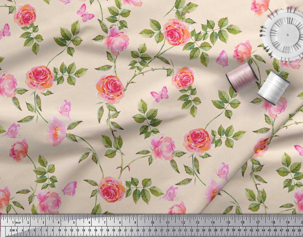 Soimoi Японская креп-сатиновая ткань с листьями, розами и пионами, ткань с цветочным принтом по метрам, 42 дюйма