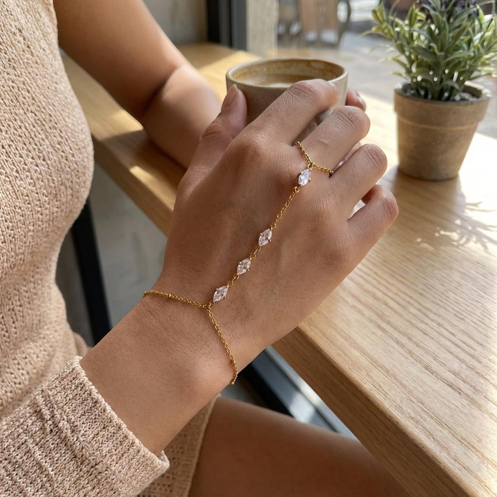 Dainty Heart Zircon Hand Chain for Women Stainless Steel Finger Bracelet Beaded Station Coquette Aesthetic Jewelry