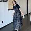 Dimanaf 2023 Plus Size Women Summer Long Dress Black Print Spliced Mesh Elegant Lady Dress Pleated