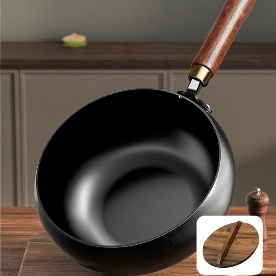 Forged Iron Wok with Wooden Lid Nonstick Skillet Pot Even Heating Fry Pan for Gas Stove Induction Cooker Ergonomic Handle Cooking Pot