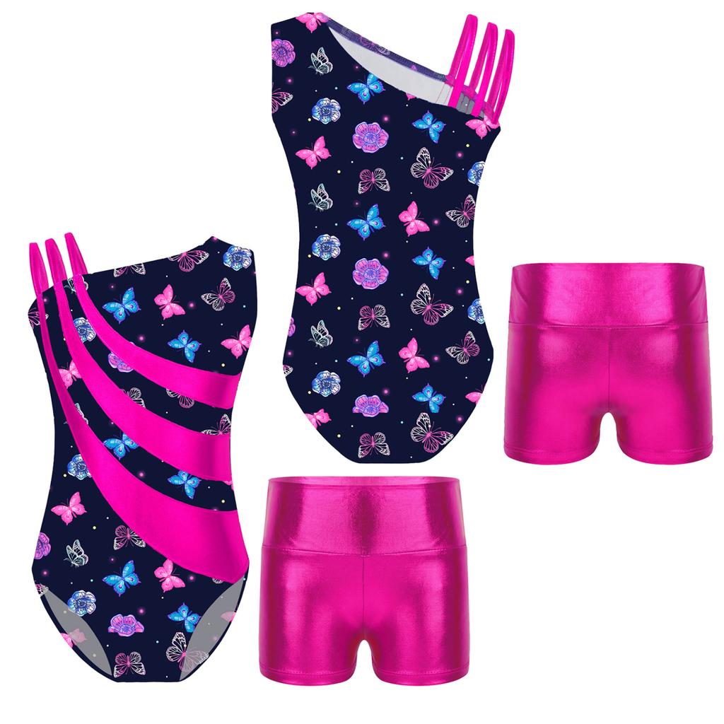 Детские гимнастические купальники без рукавов с асимметричными бретелями и шортами для девочек, спортивные танцевальные велосипедки