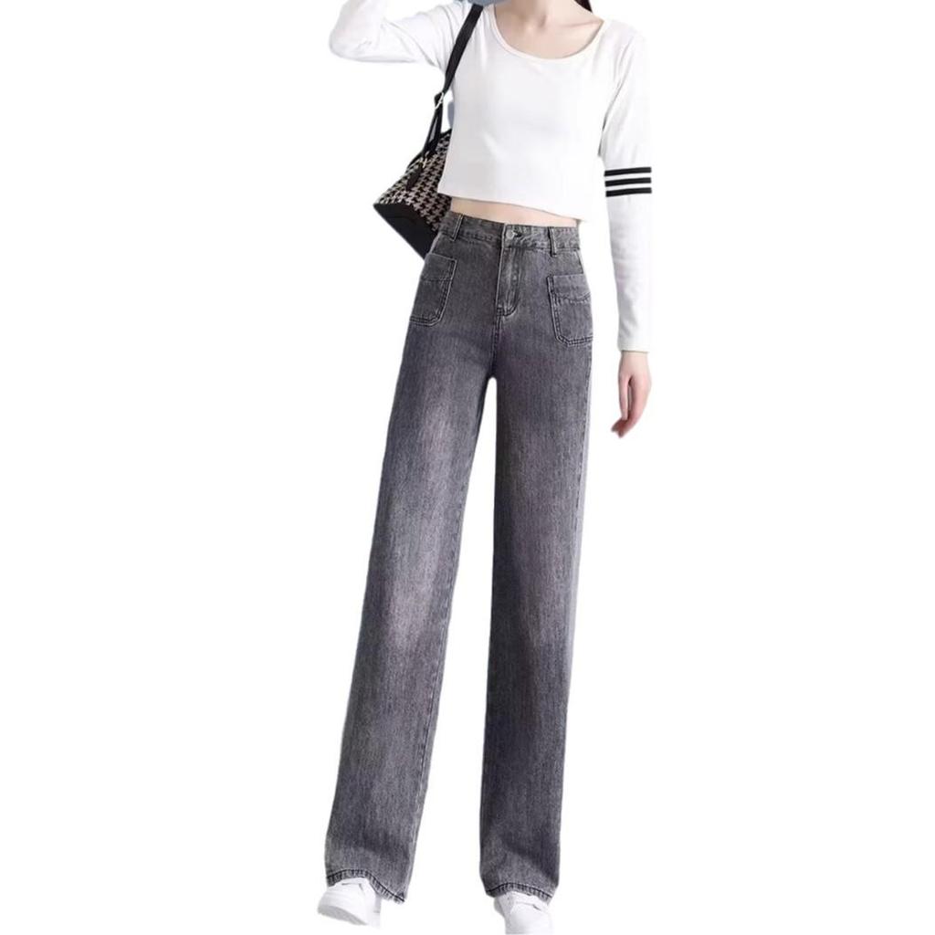 Джинсы женские повседневные больших размеров с высокой посадкой и широкими штанинами дымчато-серого цвета