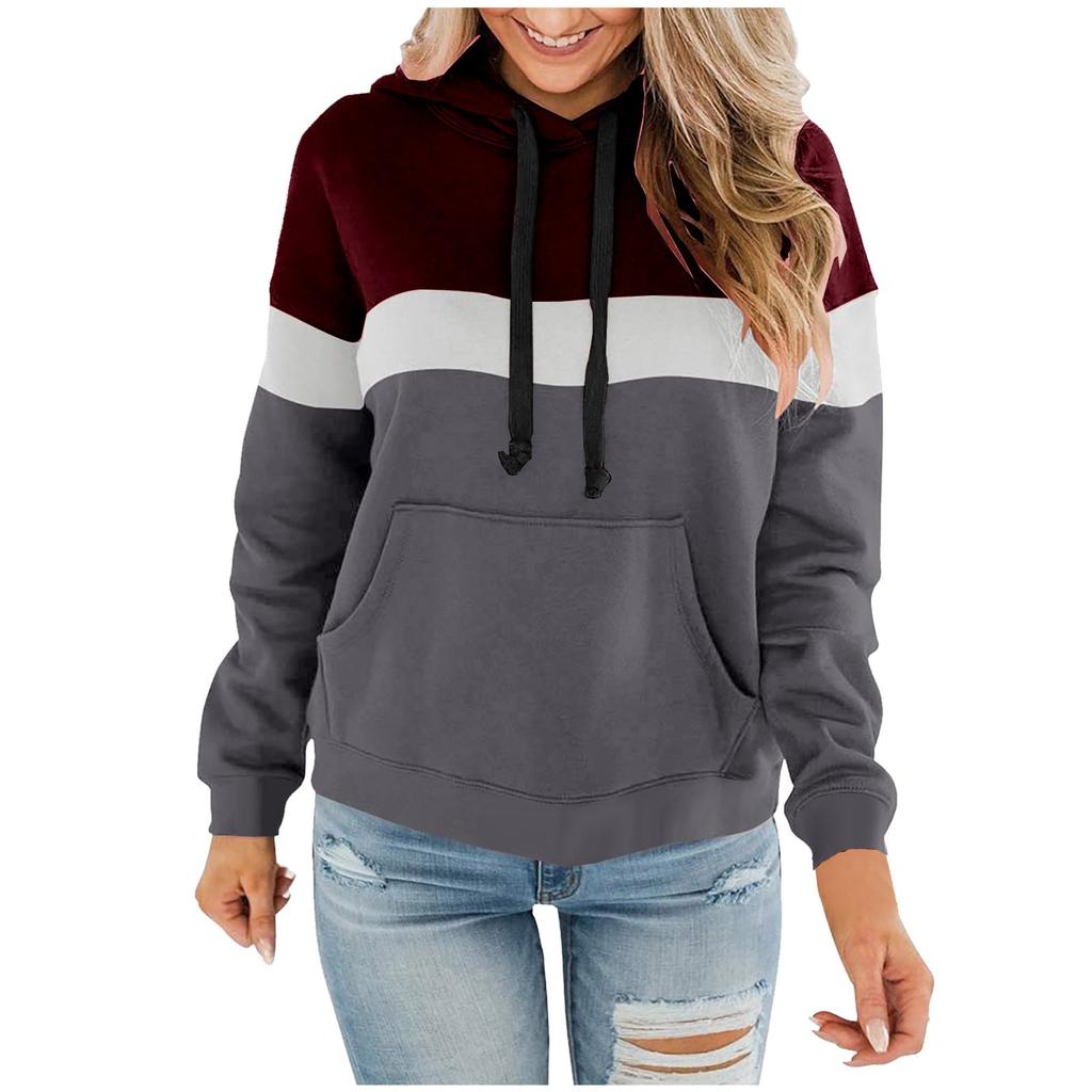 Ladies Hooded Plaid Print Long Sleeve Sweatshirt Loose Women Drawstring Sweatshirt